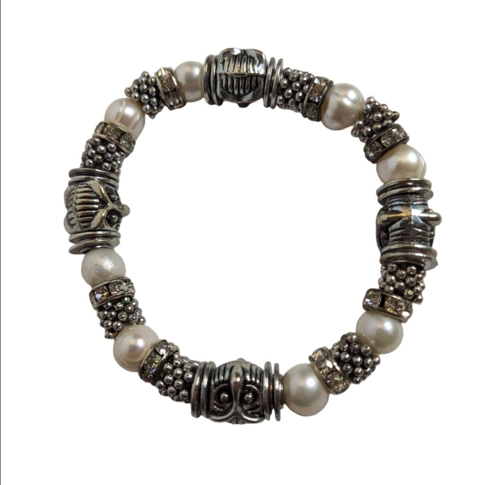 Owl Silvertone Rhinestone Bead & Freshwater Pearl Stretch Bracelet